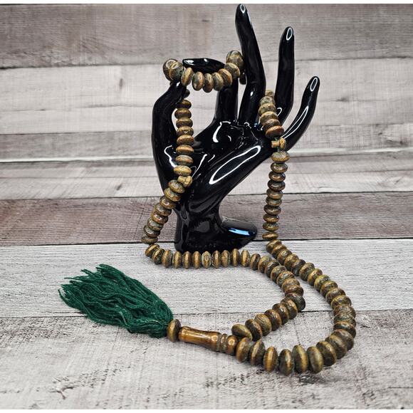 Other Other - Vintage Tibetan Wooden Buddhist Prayer Beads Mala Necklace Green Tassel Gift
